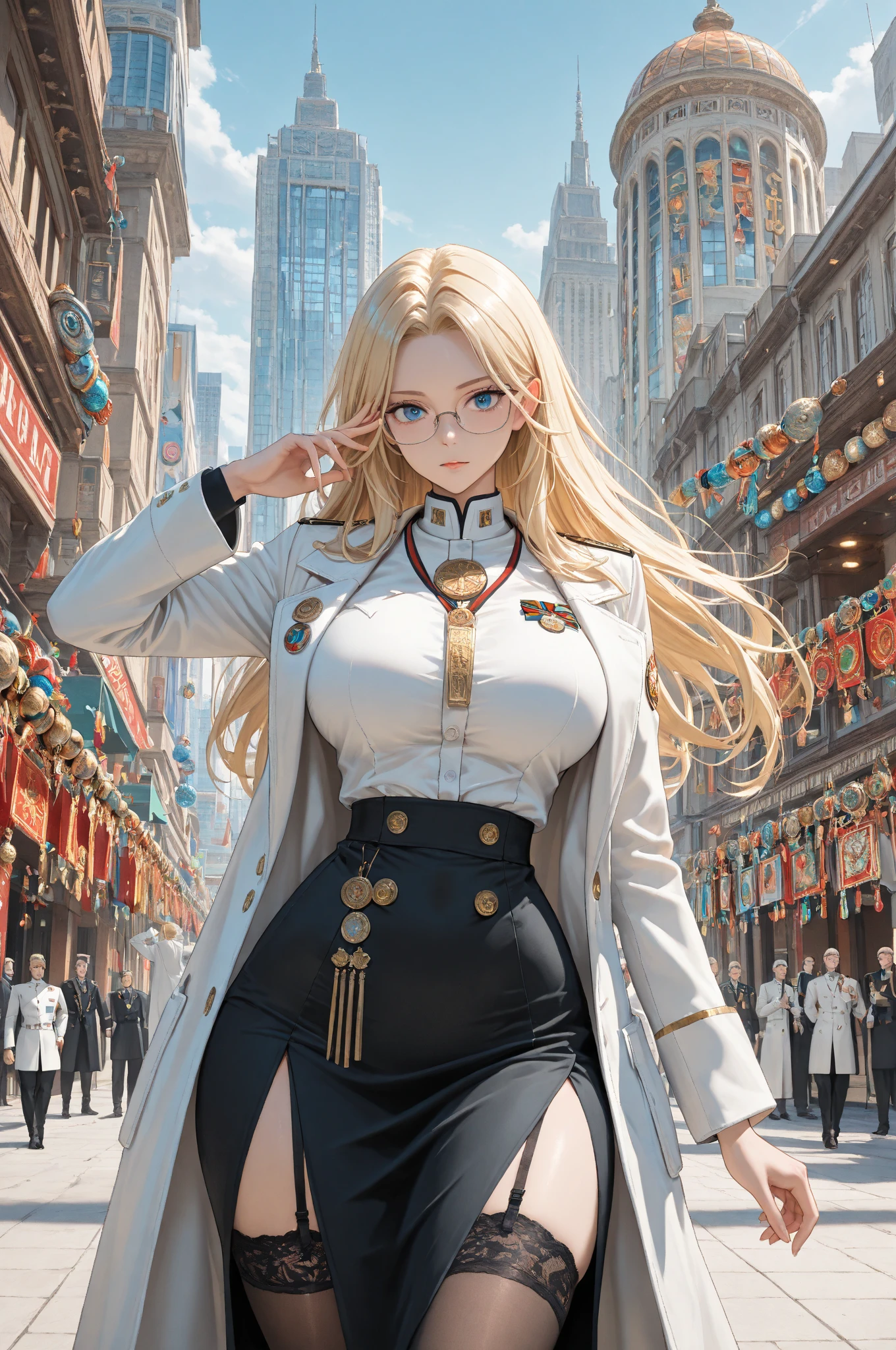 masterpiece, best quality, <lora:elie-nvwls-v2-zero:0.8> elie macdowell, green eyes, hairband, blue ascot, hair ribbon, long sleeves, belt, pantyhose, white boots <lora:TCV:1>, cowboy shot, looking at viewer, serious, city