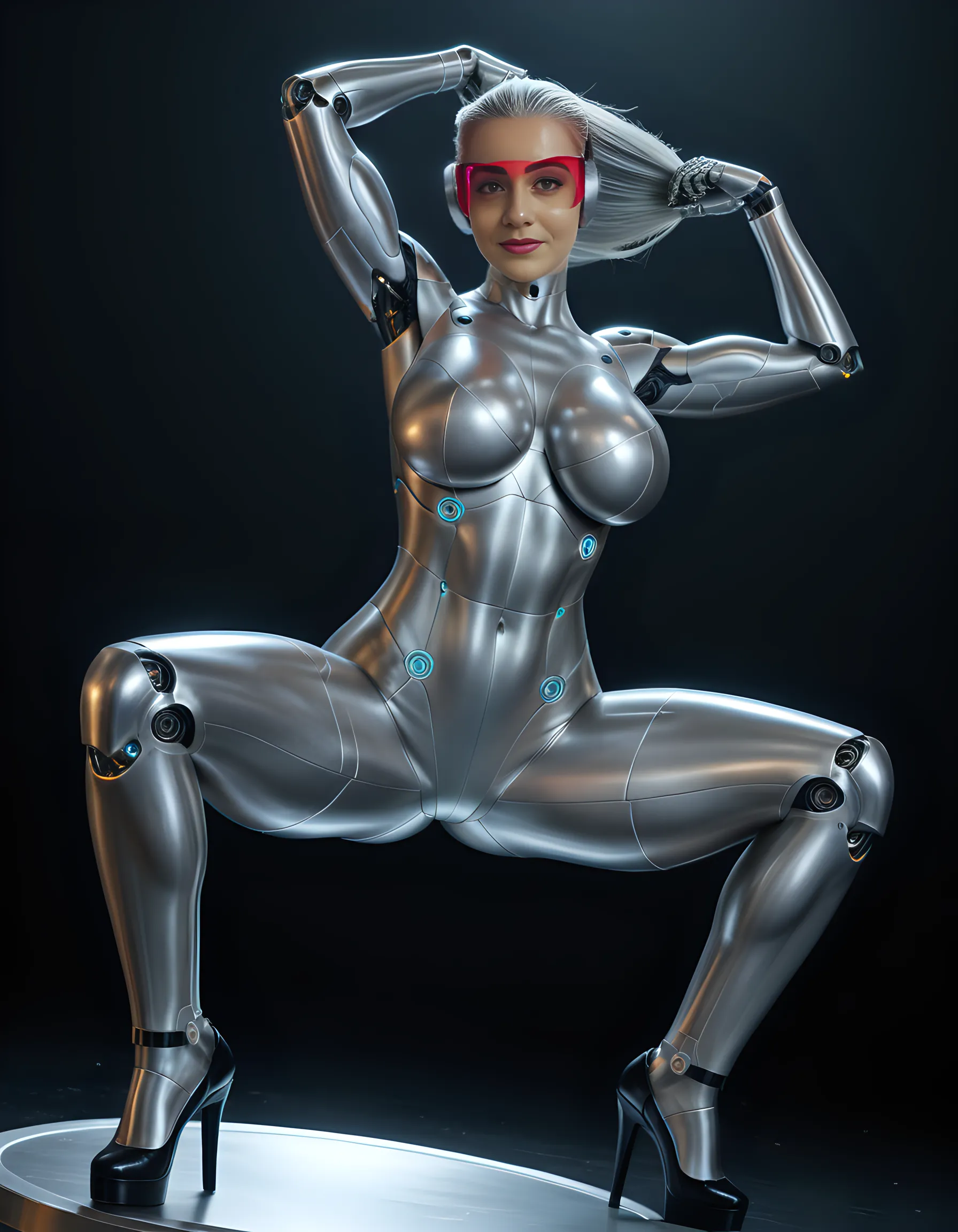 1girl, (full body:1.4) photo of android woman on roof , , ((close up)), ((front view)),(high heels), (pov), ((lagre breasts)), ((squatting)), ((focus between legs)), (( Metallic spread legs)), ((Metallic naked body)), arms up armpit, sun light, morning, masterpiece, (photorealistic:1.4), best quality, beautiful lighting , braided hairstyle, ray tracing, ( very detailed background, detailed complex busy background : 0.8 ) , , sharp focus, 8k uhd, dslr, high quality, film grain, photorealism, lomography , view from below , translucency , (HDR:1.2)