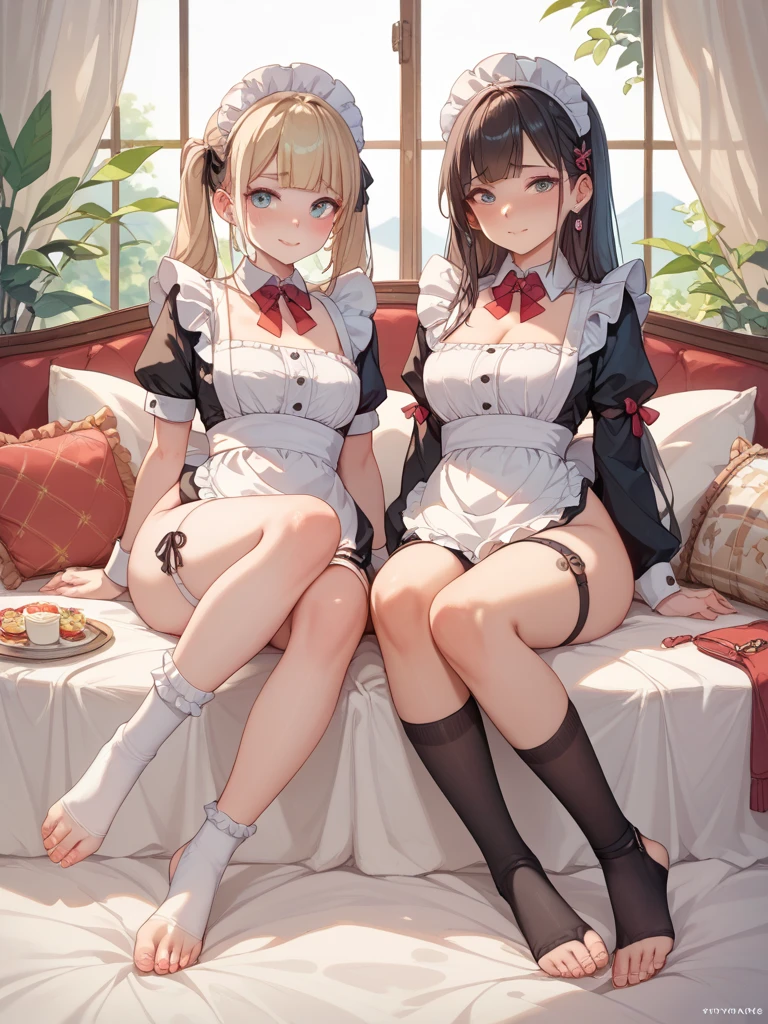 highest quality、masterpiece、((2 girls))、((smile:1.3))、(blush:1.3)、Black Shirt、blouse、((fun!!))、(Small breasts)、()、Blonde、()、((White apron:1.5))、((Maid))、((hair ornaments)),、Kamimei、look at me、 ((in house:1.5))、 Taking a break from watching the audience、Cowboy Shot、(Skirt lift:1.3),(Highly detailed white panties:1.3)、(Highly detailed panties:1.3)、、(スカート that rolls up:1.3)、(Panties fully exposed:1.5)、Light blue eyes、long hair、((spoken heart:1.5))、