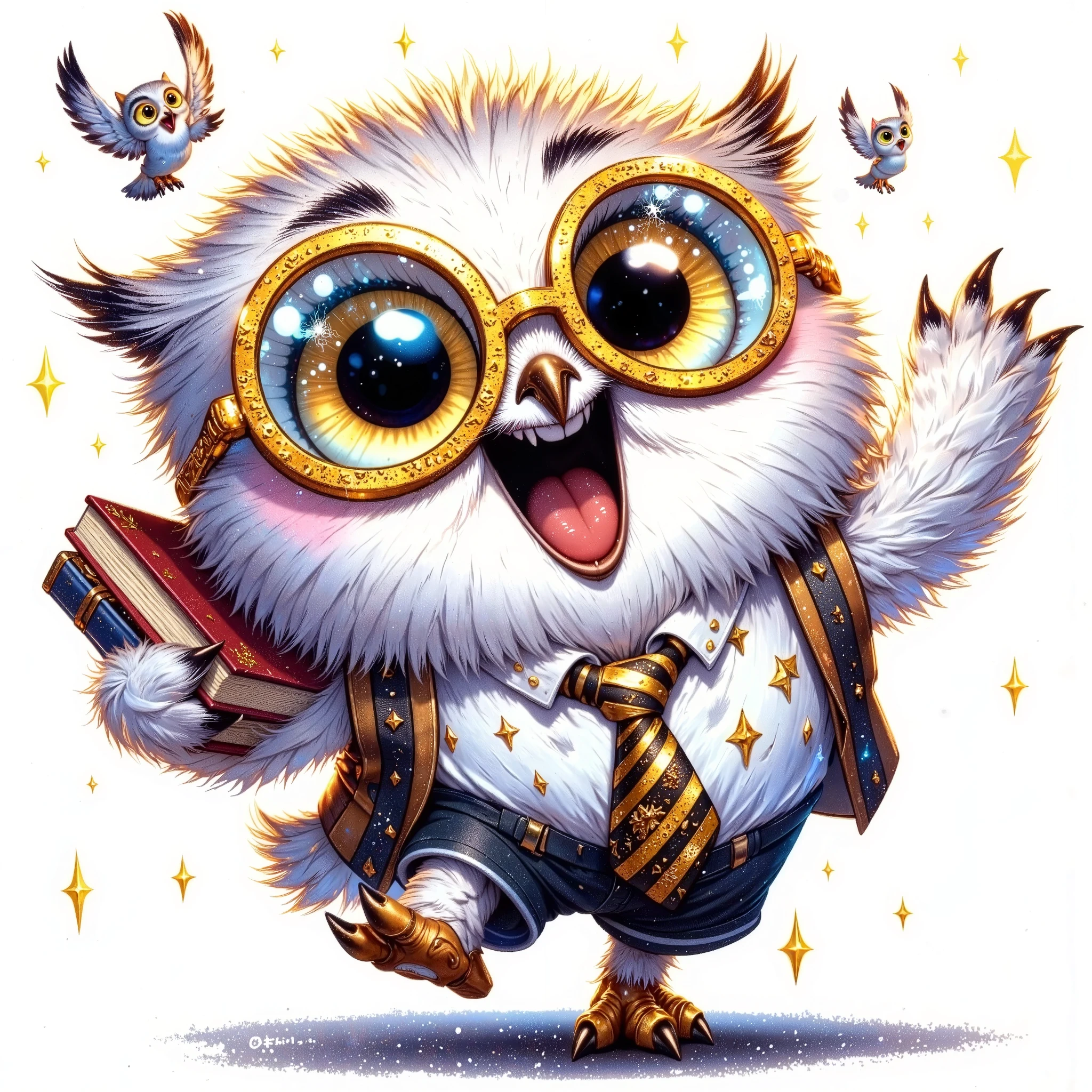 (extremally detailed hi-rez: 1.5) a quirky crazy happy expressive emotions by pixarand Zootopia,glossing vibrant vivid, color-metallicgoldlines-inkblacklines, watercolor with clear contours, single very cute flirtous 15years Hedwig white polar owlteenager cool teenager with schoolbooks, school glitterclothes, isolated clipart on white background, glossing gold details,highfashion pose,whole-body,Zootopia,whole-body full-body clipart,GREGRUTKOWSKII STYLE