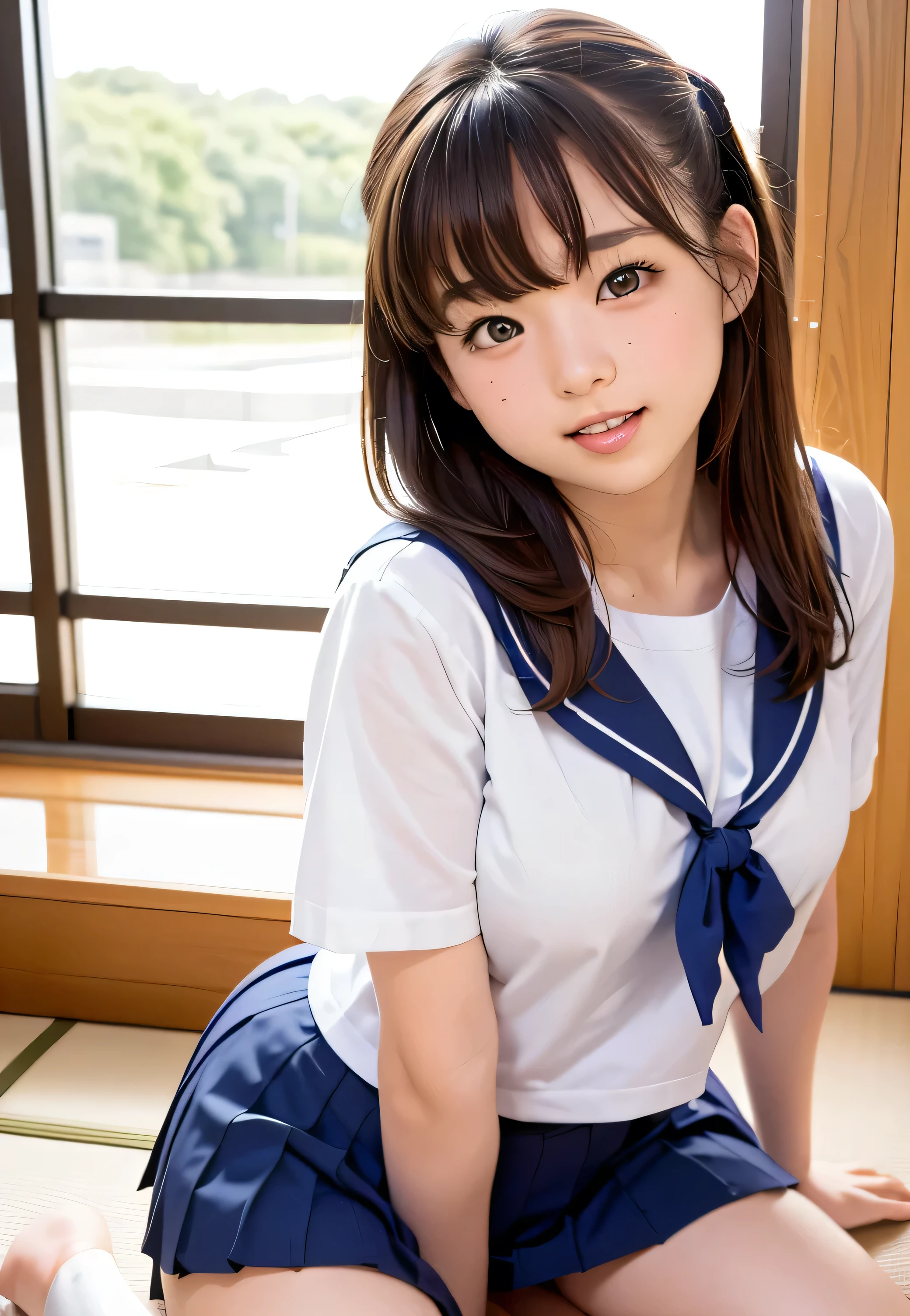 ((Tabletop)), ((Highest quality)), (Super detailed), ((Very detailed)), 4K, (8K), Highest quality, (beautiful), Gradation, (Tabletop, Highest quality:1.2), 8K, 18-year-old, 85mm, Official Art, RAW Photos, Absurd, White dress shirt, Pretty face, close, Upper Body, Violet, Gardenias, beautiful Girl, (school uniform), (Navy blue pleated skirt:1.1), Cinch waist, Thighs Thighs Thighs Thighs, Short sleeve, short hair、at the library, View your viewers, No makeup, (smile), Film Grain, chromatic aberration, Sharp focus, Face Light, Bright lighting, Teen, Detailed face, Bokeh Background, (Dark red tie:1.1)、Medium chest、Blouse with unbuttoned chest, Cleavage,かわいいsmile,、Big breasts、Sailor suit