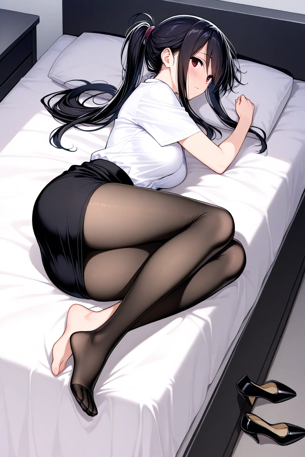 finest, masterpiece, High resolution, (Full body view from head to toe), front, frontやや下からの構図, Symmetrical, 18 year old tall girl, alone, (whole body from head to toe), (small breasts), messy hair, bangs, (black tights), (black pantyhose), (sitting with legs spread apart), (squating pose), (composition showing white panties), (Her legs are spread open and her white panties are visible.), made to sit with legs spread, (M-shaped legs), Slender legs, A very beautiful and tall 18 year old girl, (not wearing shoes), blush, shy big eyes, looking at camera