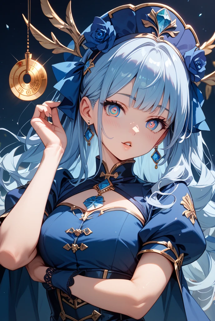 masterpiece, highest quality, High resolution,Anime Style、Characters from Tensura、Velgrind Blue Hair(Chignon:1:20)、Golden Eyes、chest、A black Chinese dress with a gold dragon pattern、Holding a red fan、Smile bewitchingly