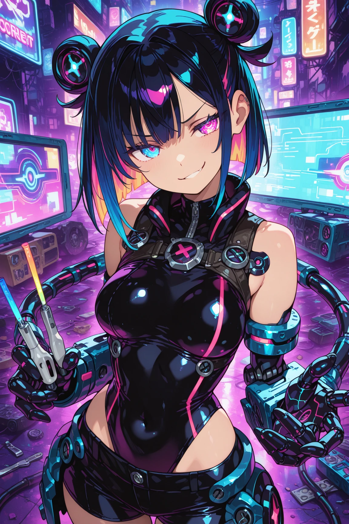 masterpiece, best quality, ultra detailed, anime style, Within a high-tech city, a cute girl commands electricity, sparks cascading along her fingertips. Her cyberpunk-inspired outfit, with circuit-like patterns, resonates with the neon-lit surroundings as she harnesses the energy of the urban landscape