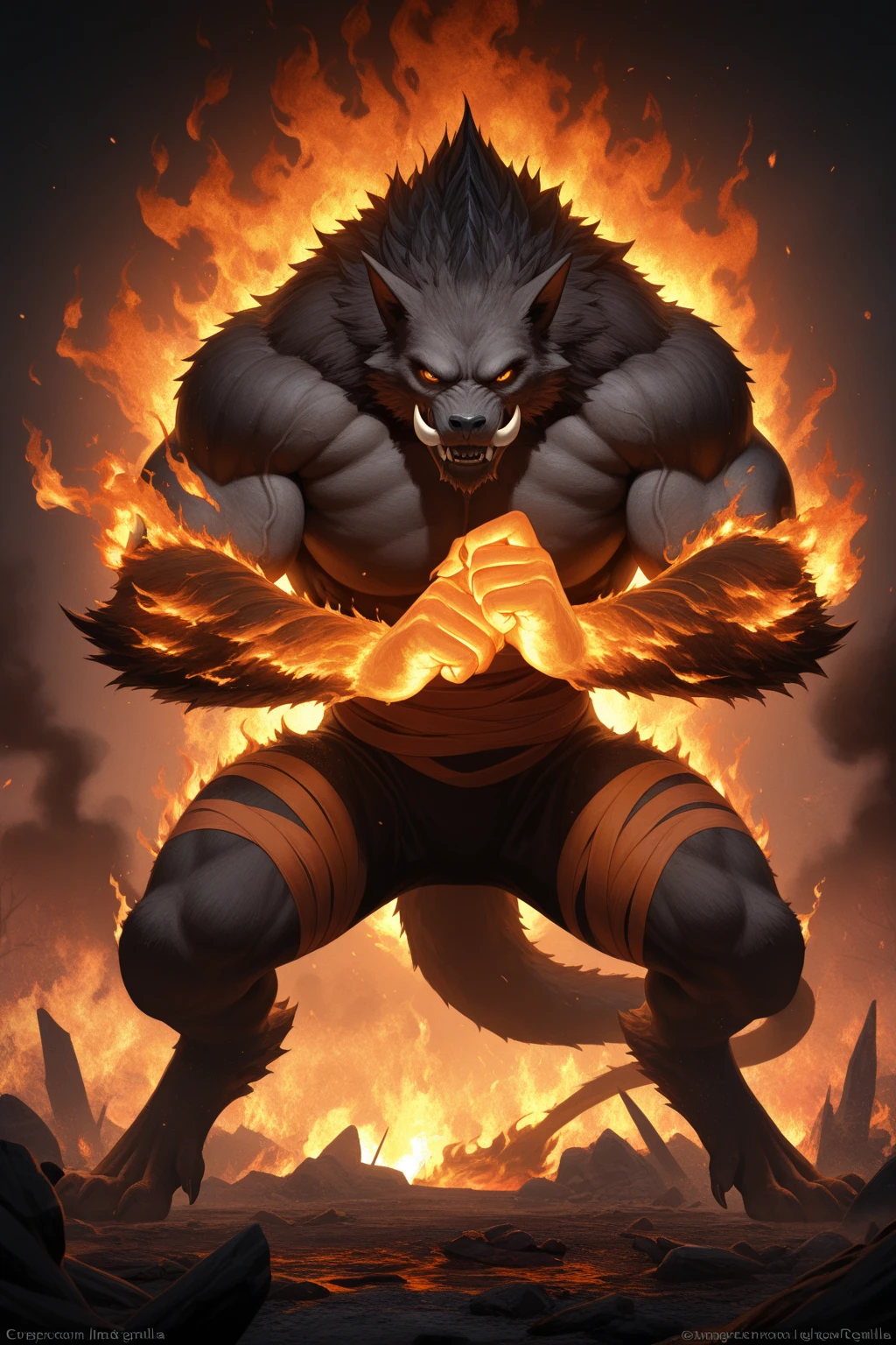 Demon, fear, monster, strong, naked, hellhound, ceobald, wolf, orc, red fur, strong, strong body, thick, giant, furry, horror monster, giant, werewolf, from hell, rape face, brutal, huge, win, torture, flame, grin, bloody, huge knife, big sword, two-handed sword, butcher, ogre, killer, demon, purgatory, flame, laugh, red eyes, handsome, nightmare, destroy town, drool, cannibalism, broken limbs, death, wailing, corpses everywhere, fire rising to the sky