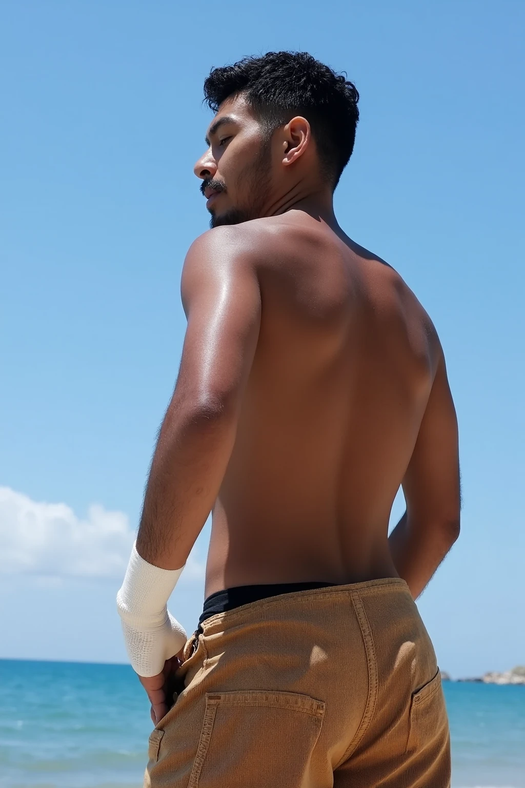 Un hombre negro con la cara se parece a Henry Cavill. Black man, Su cuerpo es musculoso y pectoral definido. paquete de seis. ingle. Cochas, pelo contra el viento. barba dentada. Big butt, in a moment of reflection. Full body. Fajado, yellow Jeans backside. bent over