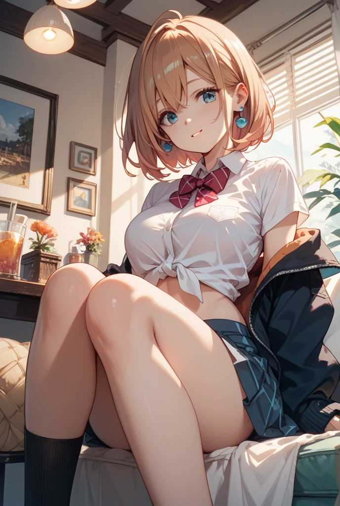 Mirai Kasuga (million live), (highest quality, 8K, masterpiece, Super detailed:1.2), (Lens flare, particles of light, shine), big breasts, smile, open your mouth, masterpiece, highest quality, Super detailed, High resolution, Very detailed CG, official art, idol costume, pink tie,white skirt, off shoulder, ((NSFW)), perfect body,sexy, panty shot,((M-shaped spread legs)), (spread your legs),raise your legs,