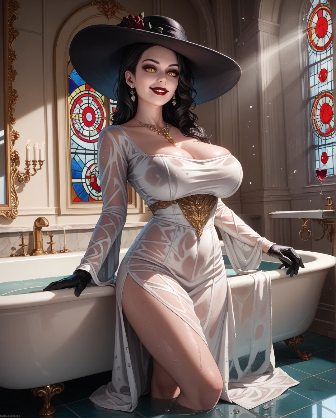 (((full frontal shot)))(best quality,4k,8k,highres,masterpiece:1.2),ultra-detailed,realistic:1.37,pretty anime woman,perfect anime eyes,((28 years old woman)),seductive gaze, she is ((reading tarot cards)) behind a table in a room in a castle in a very dark scene, illuminated by flickering torches, dramatic lighting, trasluscent robe, ((tanned skin)), long black curly hair to the shoulders, luscious lips, anime style, (natural breasts:1)