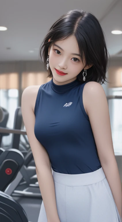 (full body shot:1.2), (whole legs:1.2), absurdres, RAW photo, extremely delicate and beautiful, masterpiece, Best Quality, ultra high resolution, 32k, hyperrealistic, ultra-detailed, perfect anatomy, anatomically correct, perfect figure, Perfect Style, Perfect balance, super Detailed skin, in her 30s, very Slim body, narrow waist, very small head, very small face, delicate facial features, handsome detailed woman, very detailed eyes and face, realistic face proportions, Realistic beautiful face, Realistic beautiful eyes, tearful mole, earring, very huge round tits, medium hair, dark blonde hair, asymmetrical hair, indoor, (soccer Jersey:1.2), (sleeveless:1.2),
