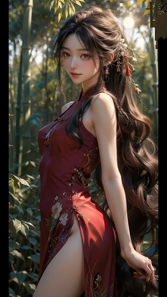 (RAW photos, best quality), (realistic, Photo Realism: 1.3), Extremely Refined and Beautiful, Amazing, Fine Detail, Masterpiece, Ultra Detail, High Resolution, (Best Illustration), (Best Shadow), Intricate, (in a crimson gold Chinese dragon, surrounded by gold dust, black flowers, trees, petals, wind, God, long wavy body, fangs, fantasy, mythology, high quality, highly detailed, masterpiece, epic, particle effects, dynamic effects, (Dragon: 1.4 in front of), clouds, storms, mountains, sunsets, clear focus, volumetric fog, 8k Ultra HD, DSLR, High quality, (Film grain: 1.4), Fujifilm XT3,Official Art, Unity 8K wallpaper, Ultra detailed, Beautiful and beautiful, Best quality, (Zen entanglement, tangled, entangled), (fractal art: 1.4), 1 girl, brunette hair, Chinese, bare shoulders, short skirt, calf, navel, very detailed, dynamic angle, denim lens, (most beautiful chaotic shape), flow, (bright colors), OC, (half: 1.2), china, (tape: 1.3), (Dream: 1.5), (Hanfu: 1.5), Chinese Dragon, (Smile: 0.5), (Chinese God), Realistic, Ultra High Resolution, Complex, Ultra Detailed, (Skin Dents), Female, Detailed Body, (Detailed Face: 1.1), (Contoured Iris), (Watercolor Lenses), (Perfect Eyes), 4K, Gorgeous, (Masterpiece: 1.2), (Best Quality: 1.2), Wide Buttocks, Thick Thighs, (Big Tits: 1.2) and (Big Tits: 1.2), Debauchery, Seductive pose.