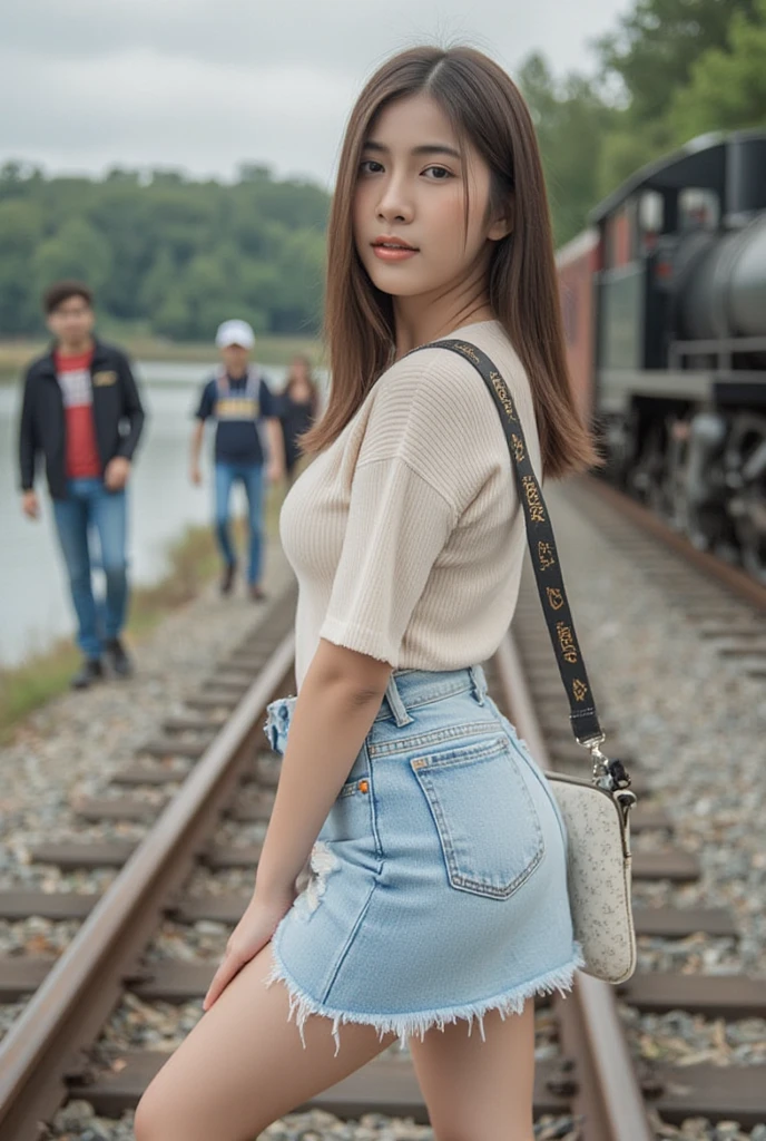 black_hair, blurry, blurry_background, blurry_foreground, bokeh, breasts, brown_eyes, button_gap, buttons, cleavage, collared_shirt, cosplay_photo, depth_of_field, large_breasts, lips, 1girl walking on train tracks, forests and sheer mountain cliffs in the background