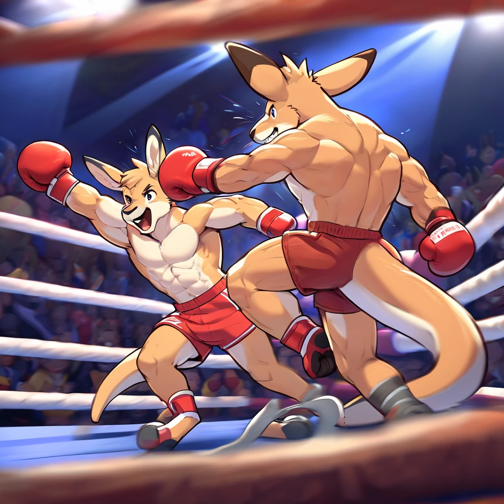 cartoon kangaroo in a boxing ring with a boxing glove, in a boxing ring, boxing match, subject : kangaroo, subject: kangaroo, boxing, in a fighting stance, knockout punch, spy kangaroo, sfw version, in a fighting pose, kangaroo, posing for a fight intricate, posing for a fight, drunken boxing, fight pose, commission for high res