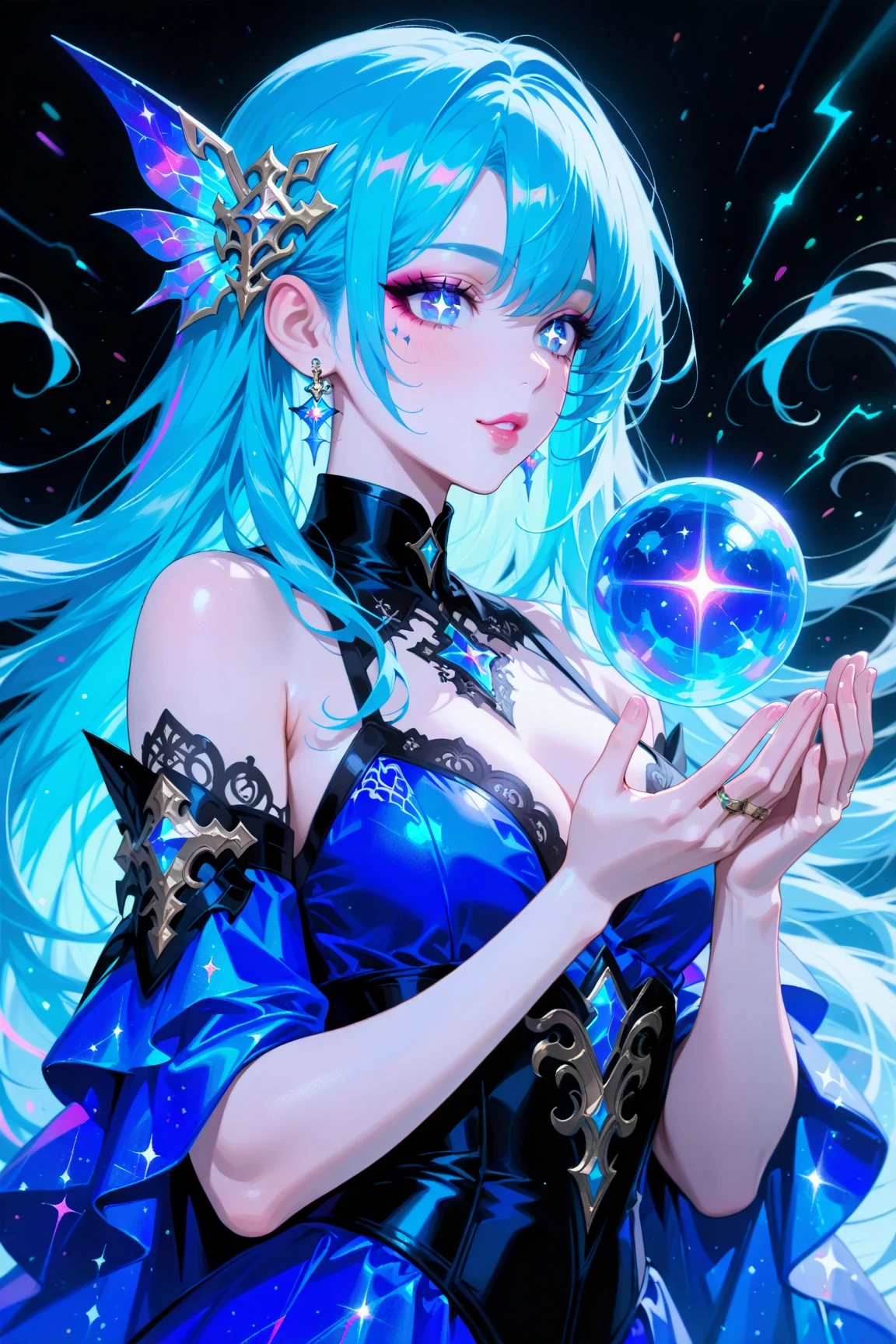 1girl, Lunar Goddness {{obra maestra}}, mejor calidad, fondo de pantalla CG unidad 8k extremadamente detallado, cinematography lighting, destello de lente, hermosos ojos de detalle, negro, mirada lateral, cabello multicolor, luz colorida, particuls, heterochromia, (colorido: 1.5), (cabello colorido: 1.5), ganyu \(genshin impact\). Dark slime girl.