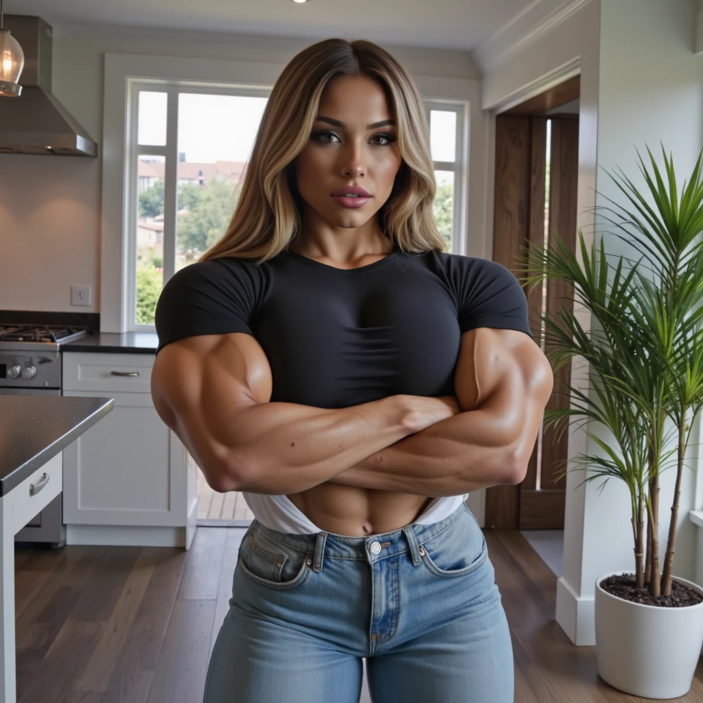 An adult female bodybuilder with white hair, dressed in dark colored clothing, with a short-sleeved blouse and black pants, displaying even larger and more exaggerated muscles, with veins that stand out clearly on his skin. He has his arms crossed, looking down on him, highlighting his impressive strength and muscle definition.  bothers, he would be, the kitchen of a house is located, adding a homely touch to the contrast with its powerful presence.