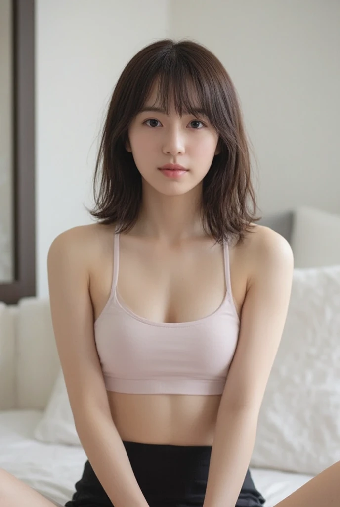 masutepiece, Best Quality, 8K, 18 yo, very beautiful Korean young girl, skinny body, slender girl,beautiful tight round perfect breasts,Raw photo, Professional Photography, Portrait, Soft light, Professional Lighting, Solo, Smile, close up, Face, close up, Cute, Girly, Goddess, Delicate girl, Neat and clean beauty, Full body, Digital SLR, Looking away, Candid, Sophisticated, (Eyes and faces with detailed:1.0), Medium short hair swaying in the wind, Bangs, Tank top(without bra), short Pants,Pink sneakers,in bedroom