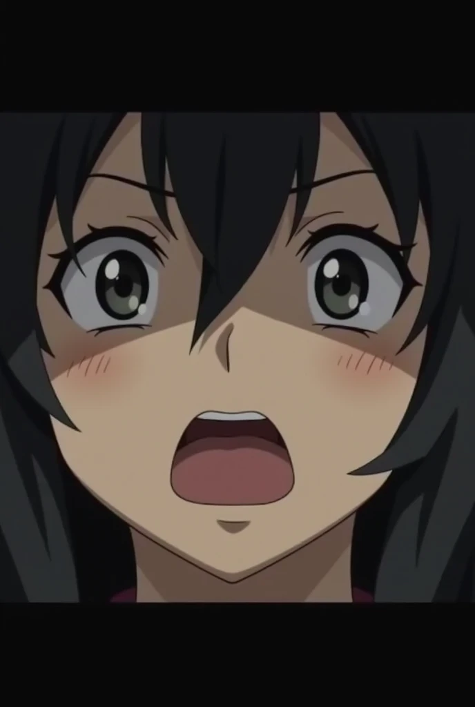 anime screencap,, 1girl, solo, short hair, black hair, purple eyes,, , looking at viewer, black kimono, hair between eyes, kimono, (close-up), blush, open mouth, big mouth, tongue, tongue out, close up, saliva, uvula, uvula, mouth focus, excessive saliva, hair one eye covered, room, indoors, angry, large tongue, long tongue, huge mouth, long tongue, large tongue, angry, looking at viewer