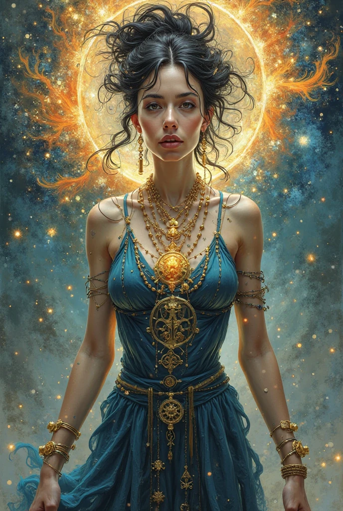 The goddess of gold and time, with a beautiful face and her fierce blue eyes pair with her wavy long dark blue hair cascades in her waist and her even white skin tone with her golden dress and gold accessories around her body, a pointy nose and a face with fierce eyes but calm face at the same time, standing beside a big clock and golds in her hands, she’s tall and represents a body shape with big boobs and big butt, holding alot of golden objects, sexy body