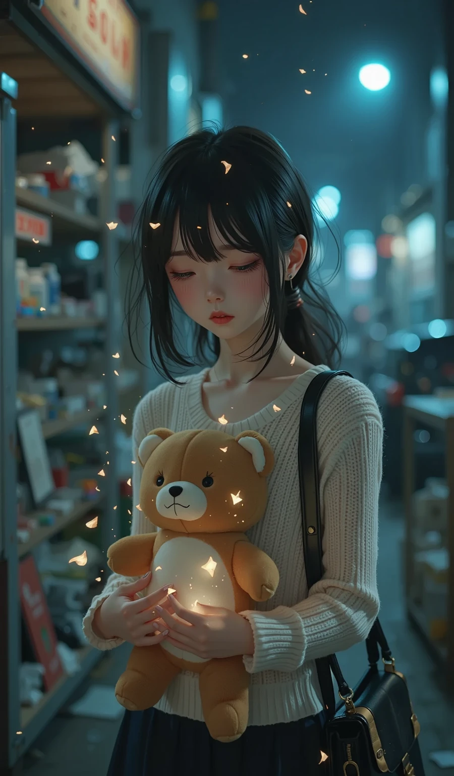 a cute girl walking in the rain holding a teddy bear with a warm sunset in the background --ar 2:3, realistic