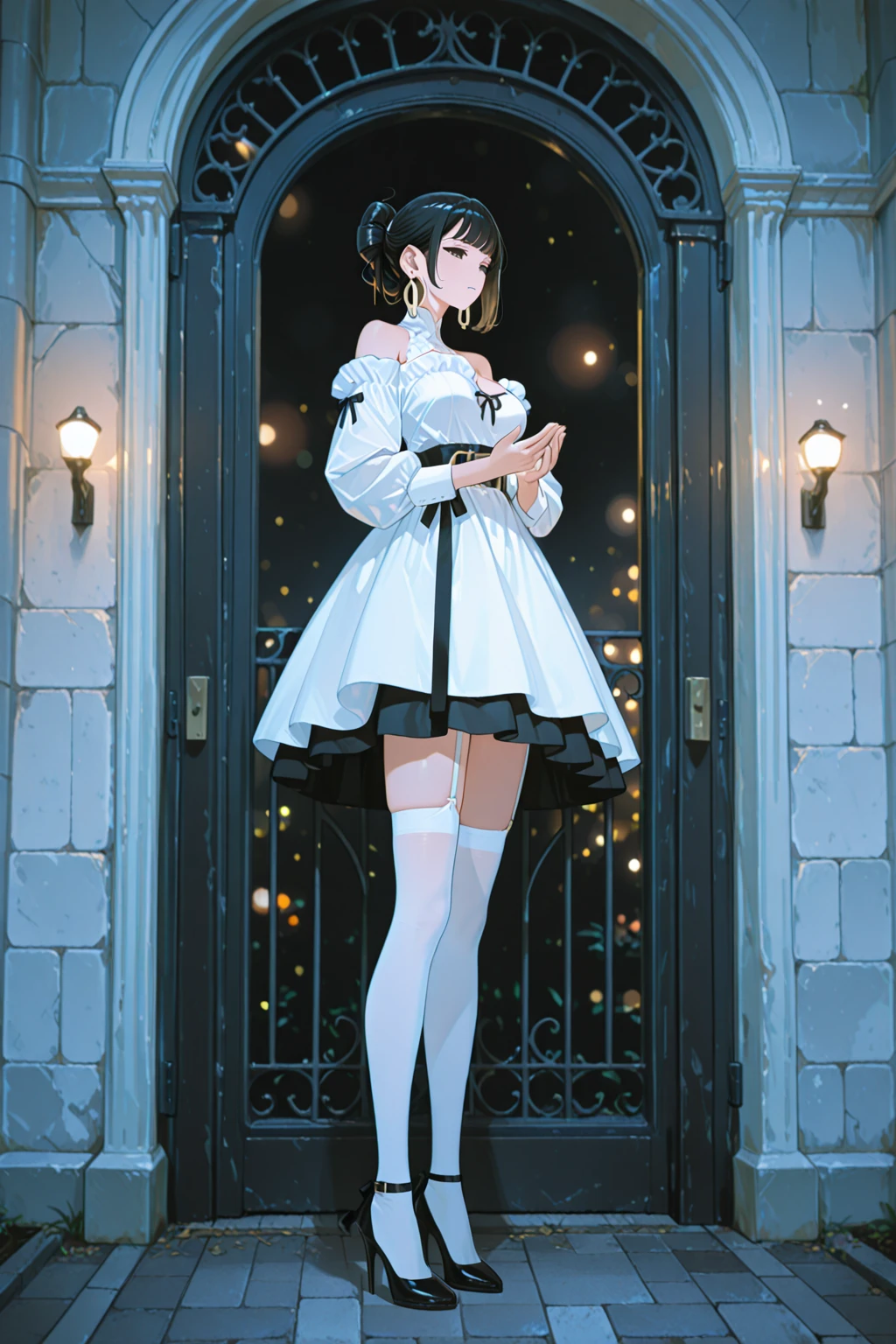 (8k, Realistic, RAW Photos, Highest quality: 1.4),Japanese idol-style beautiful girl,model,1 person,18-year-old,(Short Bob),(Black Hair),tiara,She has her hair tucked behind her ear,Transparent grey eyes,Long eyelashes,eyeliner,eyeliner,(Earrings(small)),cheek(Beige brown),(Lip gloss),lips(Plump,Shiny),透明感のあるwhiteさとキメの細かい肌,thin long neck,Thin and delicate shoulders,(Lace gloves(white)),(Wedding Bouquet),(Wedding dress(Frills,Plumpしたロングスカート :1.1)),(layer),(Fishnet tights(white)),(High heels(white)),(Background of a Gothic stone church with stained glass windows),Smiling for the camera,Full body portrait