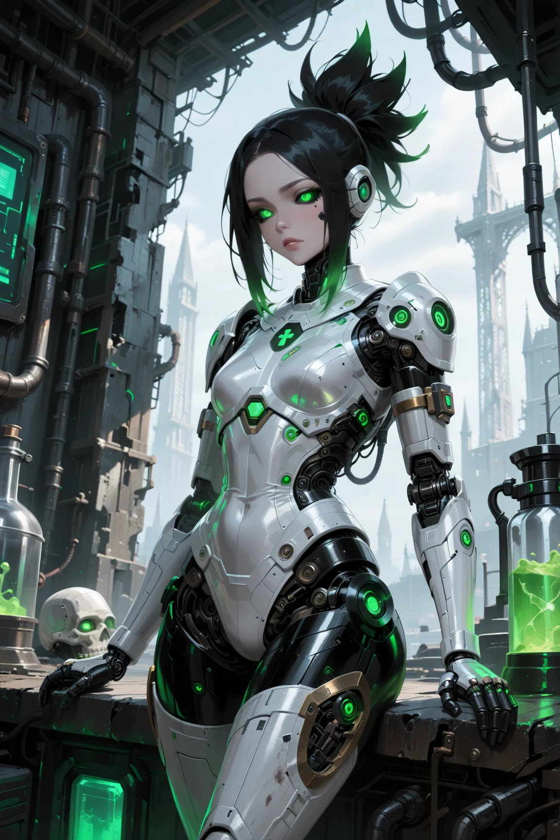 masterpiece, best quality, 8k, insane details, intricate details, hyperdetailed, hyper quality, high detail, ultra detailed, Masterpiece,
1girlsolomulticolored hairtwo-tone haircolored inner hairmole under eye
suitclosed mouthFluorescent greenhair ornamentearringsjewelryminiskirtthighhighs
green necktiemechanical armssingle mechanical armheadphonesheadphones around neckgreen eyesmaskrespirator
cyberpunkweaponmolescience fiction<lora:~Q?-gQIg:ZFluorescent green:1>