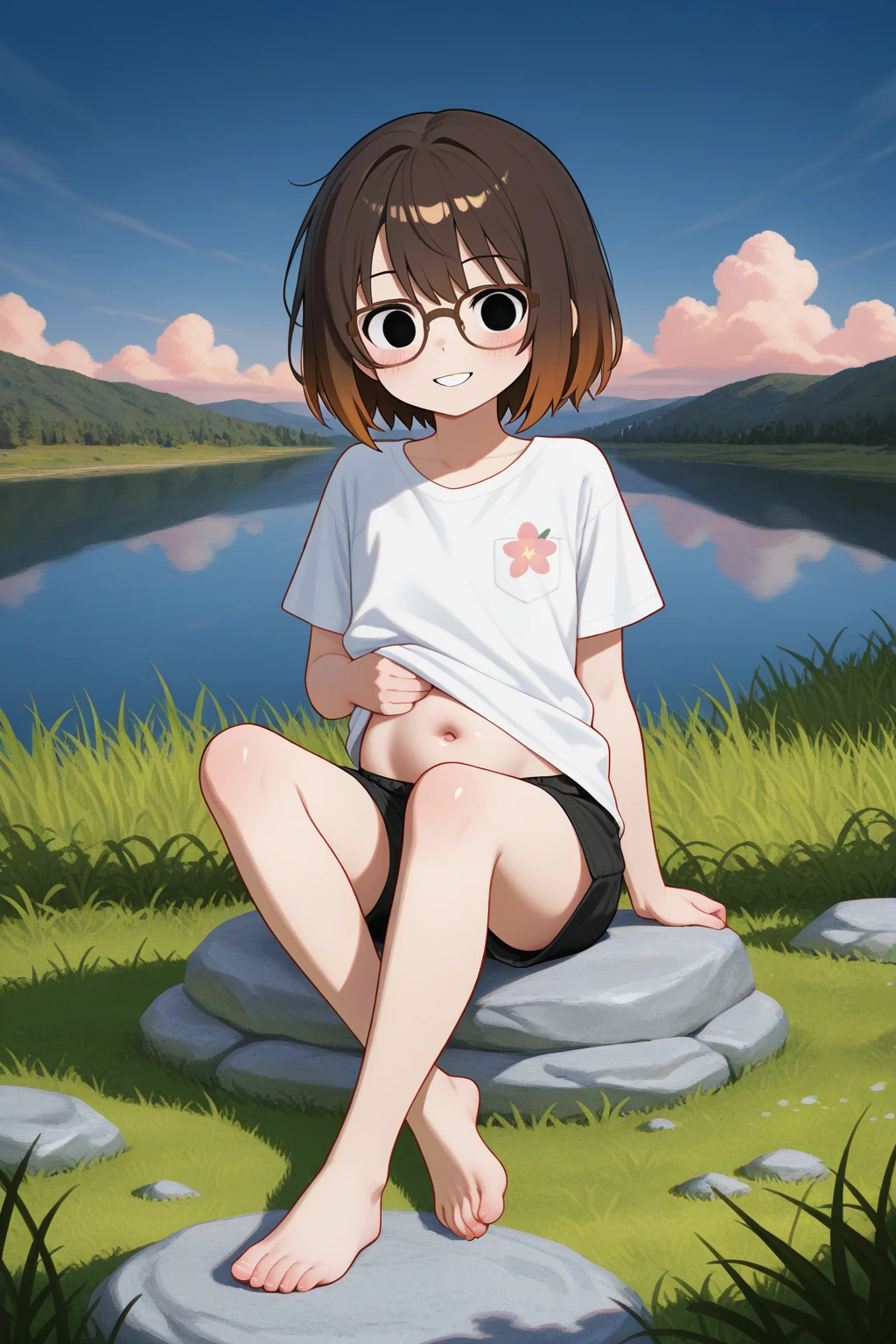 1girl, bangs, bob cut,black hair, short hair, sundress, sunlight,full body, sweat,looking at viewer, white dress, hand on own chest,tan, grass, glasses, revealing panties