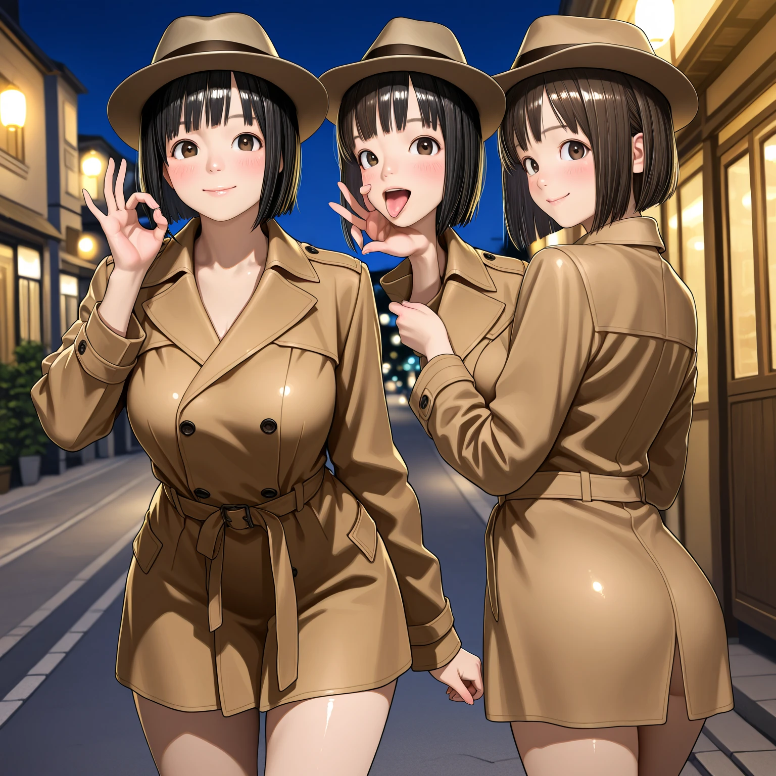 nsfw, masterpiece, best quality, 1girl, solo, smile, breasts, coat, smirk, smug, cleavage, crossed legs, looking at viewer, long sleeves, fur trim, coat on shoulders, fur-trimmed coat, hand up, fur collar, blurry foreground, brown coat, (nipple), areolae, midriff, navel, belly, pussy, pussy juice, pubic hair, ass visible through thighs, shiny glossy skin, nude, plump, cubby, outside, night, park