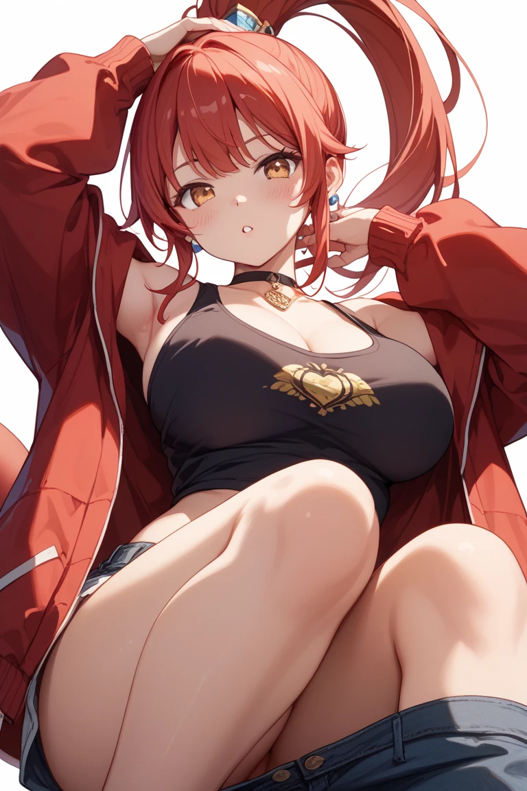 The best masterpiece、high resolution、Wolf Girl, Large Breasts, Voluminous, messy, light red hair, masterpiece , Red eyes, hd, Head to Chest, Put in your chest、 tooth、Double teeth,, On the bed、Thick thighs、Grinning、Knitted sports bra、Open your mouth、Hooded jacket、Big Breasts、Wearing a hood