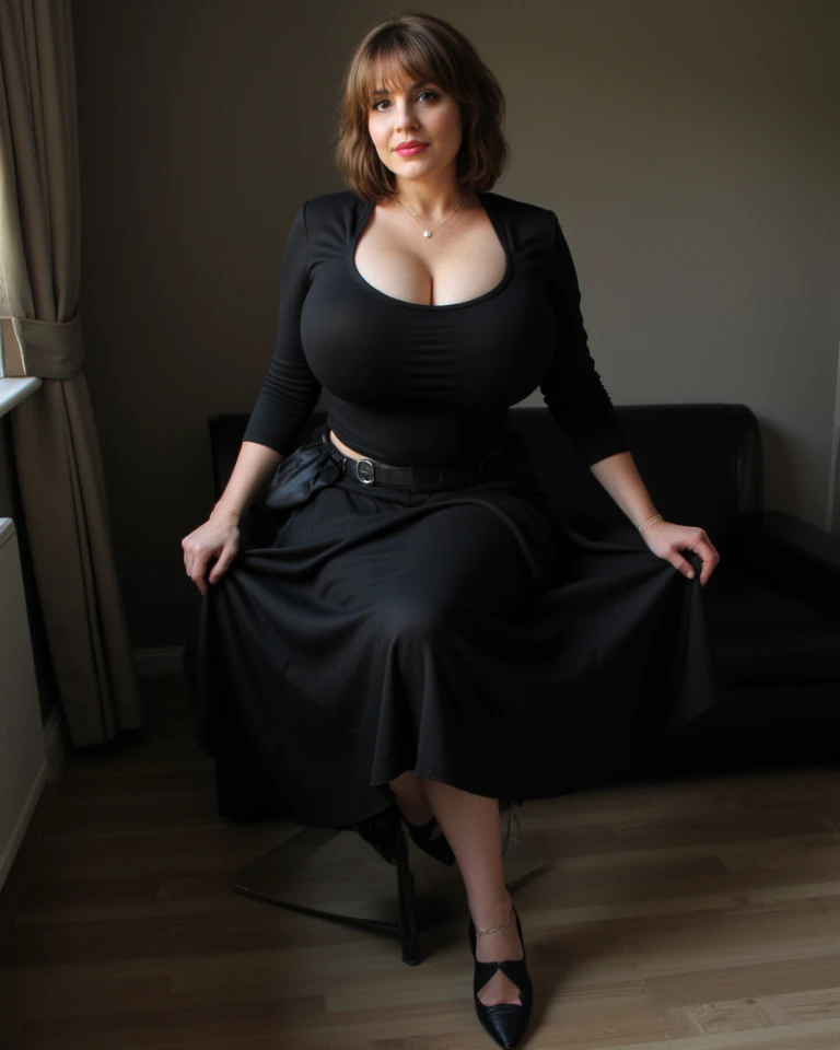 1girl in, 50 yo, from italy very pretty sexy well-groomed woman big breasts jumbo short hair sexy pose fat body glamur perfect breast hair black plus sizebody black tight sweater, blowjob
