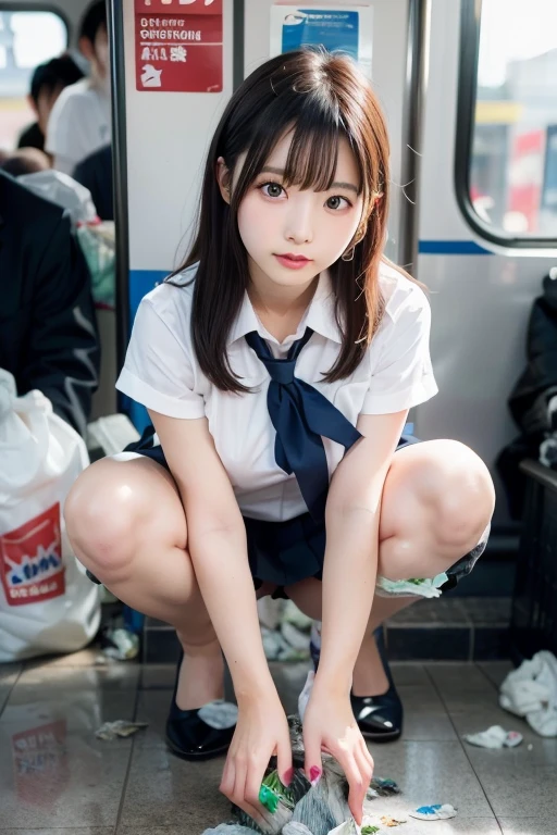 (RAW photo:1.2), (realistic), beautiful detailed girl, very detailed eyes and face, beautiful and detailed eyes, huge file size, High resolution, very detailed, highest quality, [table top:1.6], shape, very detailed, small details, highest quality, 8k wallpaper, movie lighting,15-year-old female student, Sitting in the train, Exposure pants,Sitting with your knees upright, Look at your smartphone, school uniform, white panties, in the train, The skirt of the uniform was lifted up,  スカートからwhite panties, school uniform, bag,  long hair, mask, Because I&#39;m slender, young face, small breasts