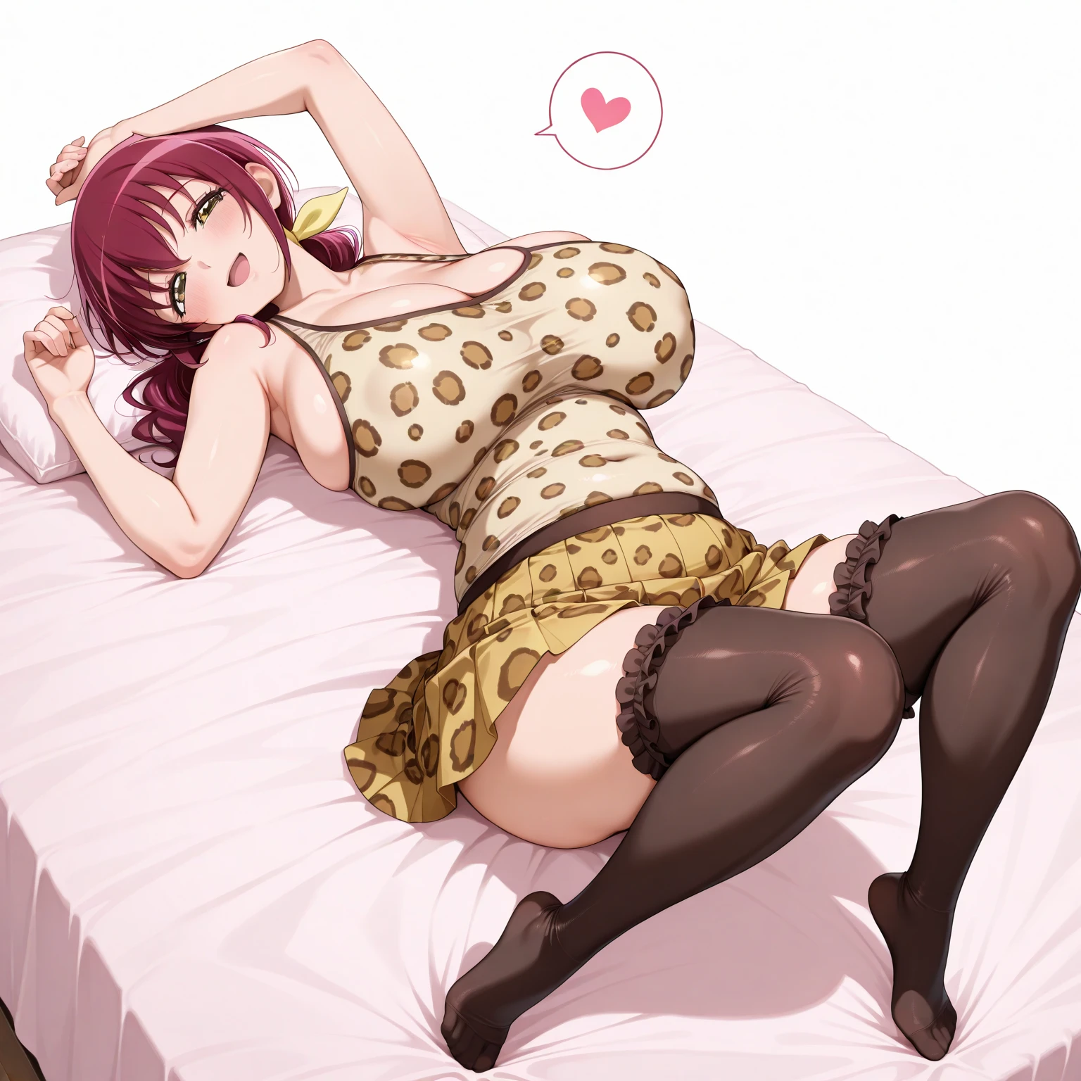 Masterpiece, love live,sexy,facial details, 1girl, detailed body part details, cowboy shot, breasts,8k wallpaper, laying on side,on bed , sleeping, nishikino maki, white leopard printed underwear, leopard printed tank top, earrings , leopard panties straps, earrings, purple eyes ,red hair  , (sagging breasts:0.7)