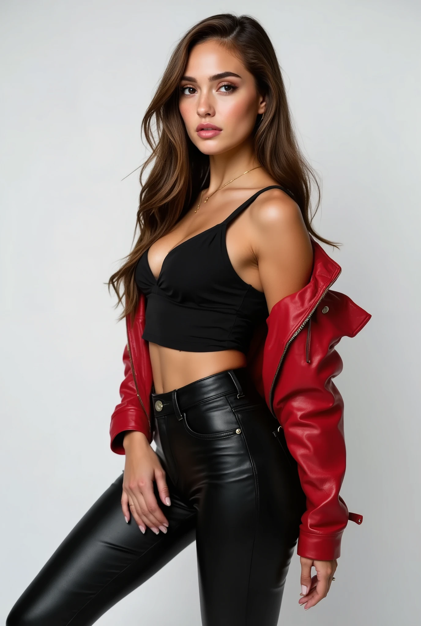 Woman 20yo, model girl, large breasts, Red Leather Jacket, athletic build, dark wavy hair, black crop top, black high waisted shorts, expressive eyes with deep blue colour, Black Thigh-High Boots, Large hoop earrings and a black choker necklace, full body shot,