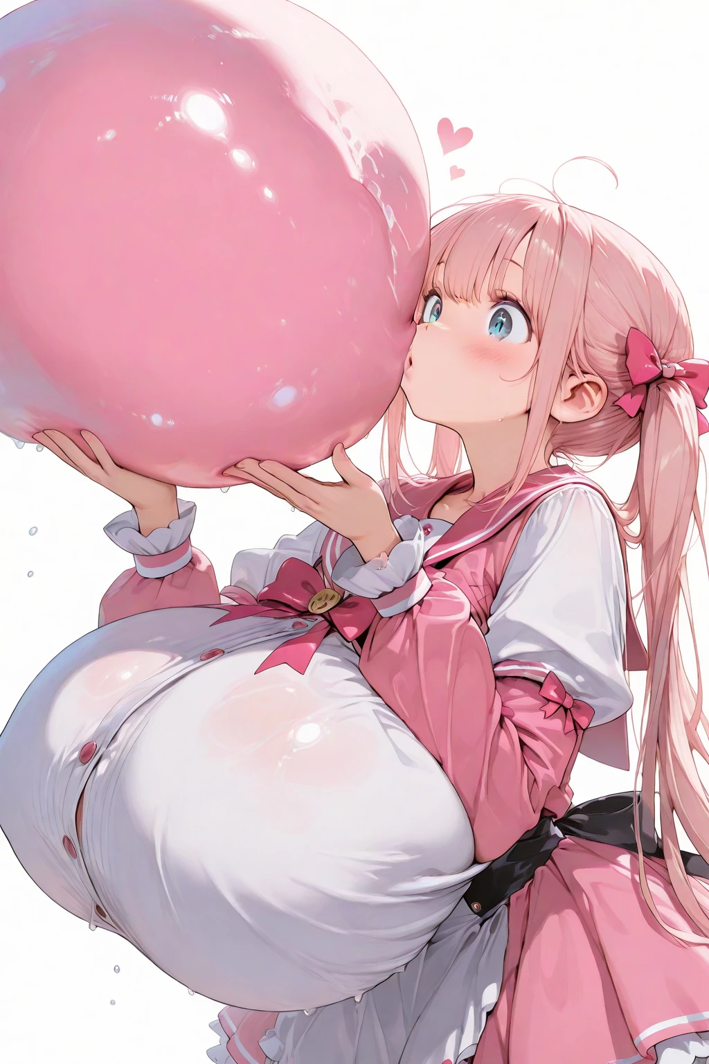 girl, solo, teen, hyperpregnant, pink hair, long hair, anime style, gigantic belly, white dress, full body, school uniform