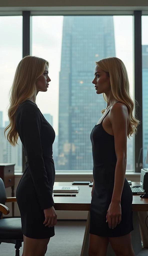 a man, forty yeard old, strong body, wearing black suit, short black haird, standing beside a blonde woman, also forty yeard old, big breasts, blue eyes, sitting on the desk, crossed legs, inside an office, big window, red curtains, at night, light of the moon, beautiful woman