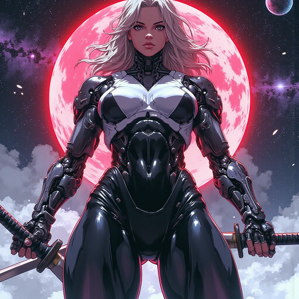 (masterpiece, extremely detailed, best quality, absurdres, anime style:1.4) nice hands, perfect hands, 1girl, solo, mature, milf, sexy, (huge tits:1.3) <lora:more_details:1> <lora:Omega-F Kangaxx v5:lbw=inall:step=5-35>omega_tpa, 1girl, earrings, black armor, lipstick, high heels, pale skin, white hair in ponytail and straight bangs, long hair, (starry sky, glowing constellations:1.3), elbow gloves, floating space arena, runes, polearm, full body, holding polearm, full body, standing