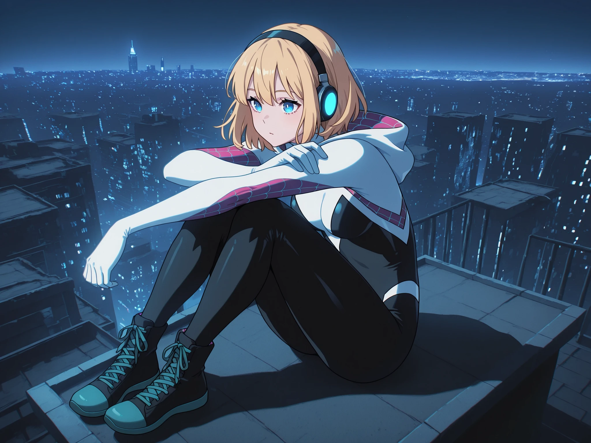 1girl, solo, superhero, ghost_spider_(spider-verse), short hair, blonde hair, hairband, blue eyes, night city, full body, sits on the roof, headphones, listens to music