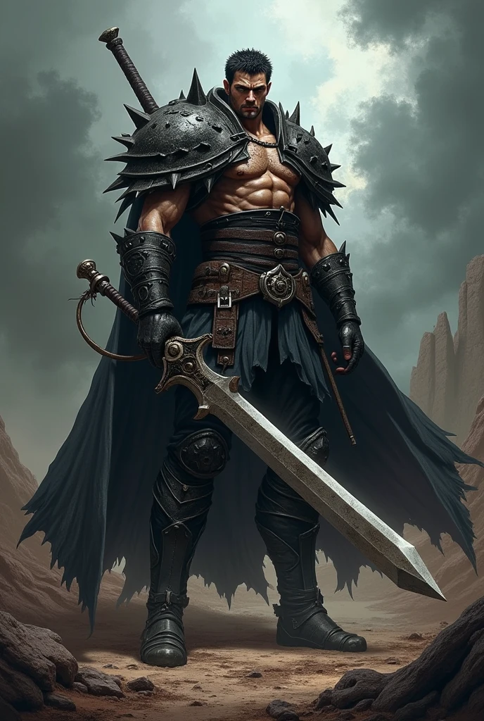 medieval barbarian 2 meters tall, brawny. shaved hair and a slightly long beard. in pants and boots. shirtless wearing a large black cloak, with a large sword on his back. wearing a helmet to hide his face. I want a dark fantasy style

