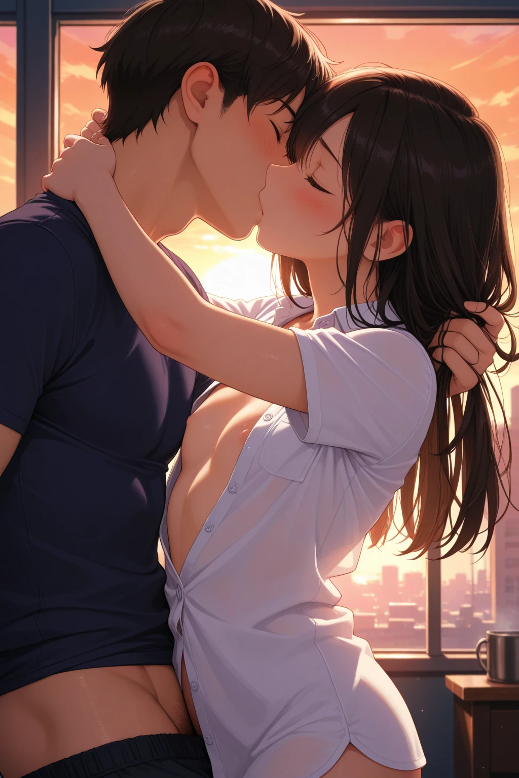 In an intimate and NSFW moment, An eighteen year old boy and girl found themselves pressed against each other.., Their bodies close enough to feel the heat radiating between them. the girl was trapped against the wall., his arms raised above his head, surrender to the touch of the other. The boy held her by the waist, His hand slipped under his pants and he fired, Their gazes locked deeply on each other.&#39;s eyes.. With seductive expressions playing on their faces.., explored this forbidden moment, short overalls, barefoot, Their hearts beating with desire.