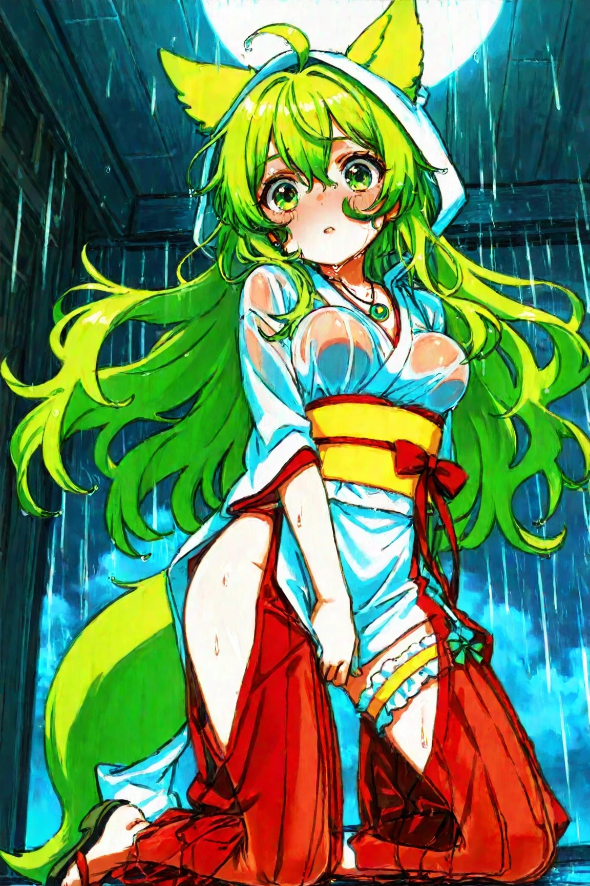 nsfw, nude, naked、 、 run elise jewelria, , green hair, long hair, red eyes, AHOGE. , , Nipples, Big Breasts、Abandoned amusement park、 file, crying ,Flooding、abandoned hospital、fire、Heavy snowfall、frozen、 、whole body, 16 years old、　Lightning strikes