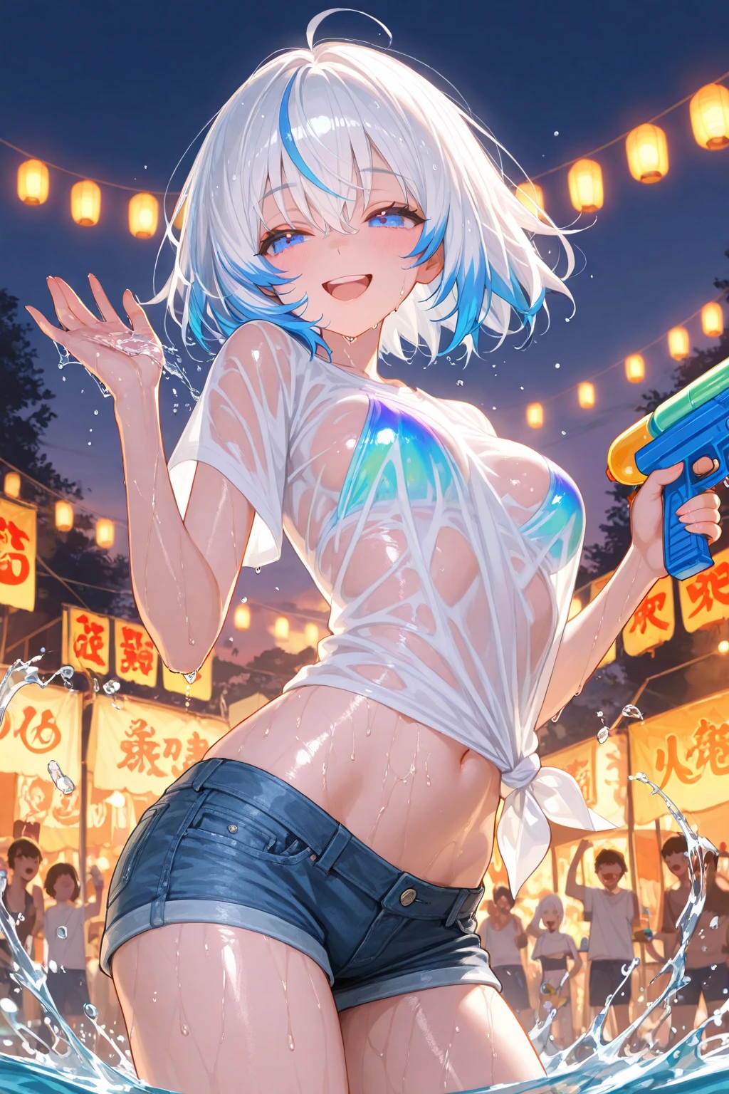 hiten kei style, claude monet, oil painting, night, denim pants, ((topless)), nsfw, masterpiece, street lamp, city, 1 girl, erect nipples, intricately detailed, navel, bare shoulders, brown hair, necklace, extremely detailed, bare breasts, puffy nipples, yellow eyes, bare stomach, wet, wet body, medium breasts, arm strap, teen, soft eyes, armpit, open mouth, half open eyes, lusty eyes, blushing, head tilt, side bangs, huge nipples, bracelet, neon lights, belt, holding beer bottle
