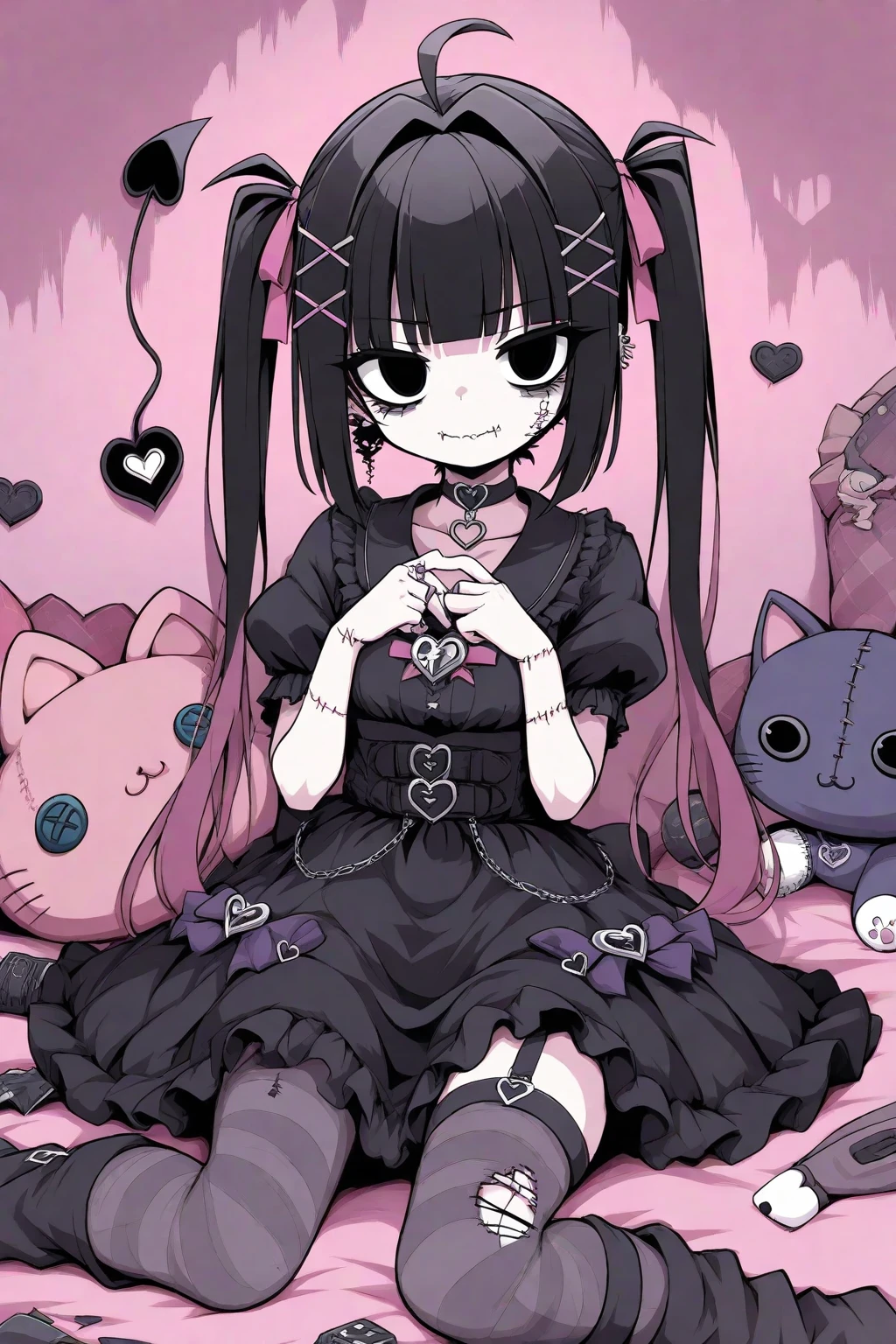 Black Hair、Black Feather、Gothic punk dress、Legs sticking out,Sit on a chair, Crossing your legs、Throne,anime zombie witch design, Crossbones, skull, Streetwear Design, Provector, Horror Style, Full Design, Only 6 colors, Solid Colors, No Shadow, Full Design, Stickers, Bright colors, White Background.Ultra-fine illustrations,(((Beautiful fine hair))),(((Beautiful Faces))),(((Beautiful background))),(((Beautiful fine hair))),(((Beautiful Faces))),(((Beautiful background)))、Black Hair、Blunt bangs,Undershot((Right hand white eye,Left eye purple)),Otto Eyes