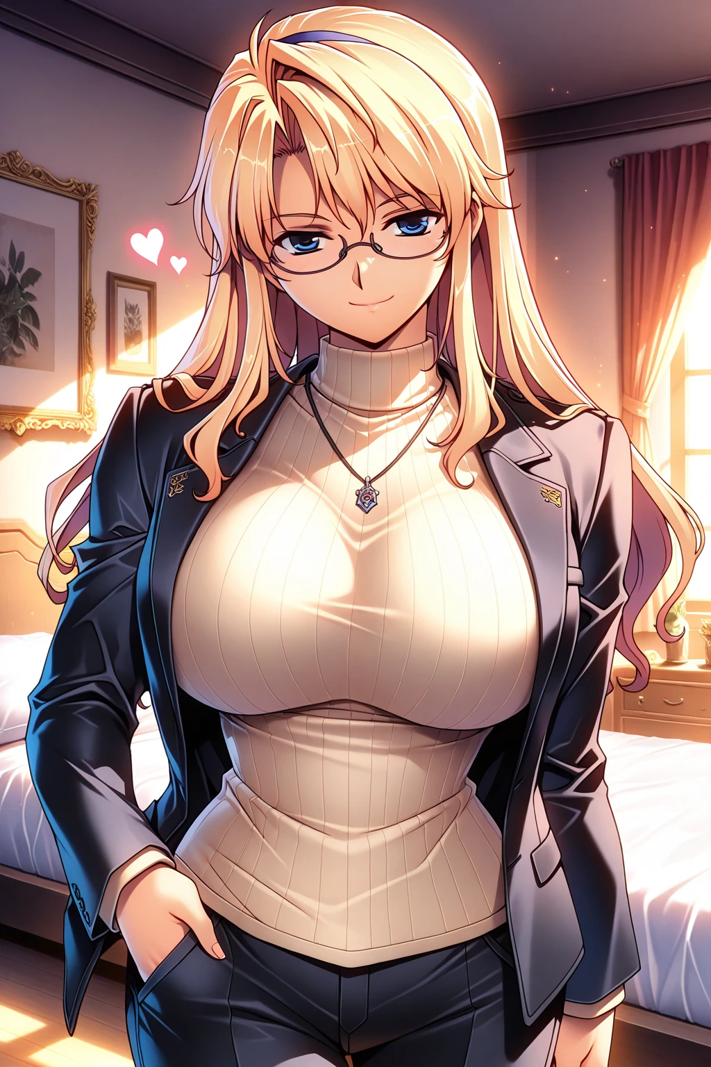 Highest quality、Ultra-high resolution、Fantasy、roleplaying game、A naked busty woman with glasses on her bed, looking embarrassed