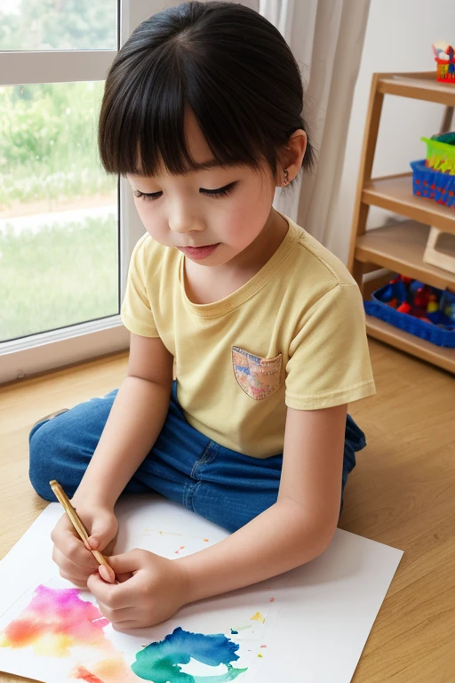 Make a baby girl, 4 years old, face is looking camera, she is leaning, table, book, pen, notebook, Supper Detail, 32K, ultra, high quality, masterpiece