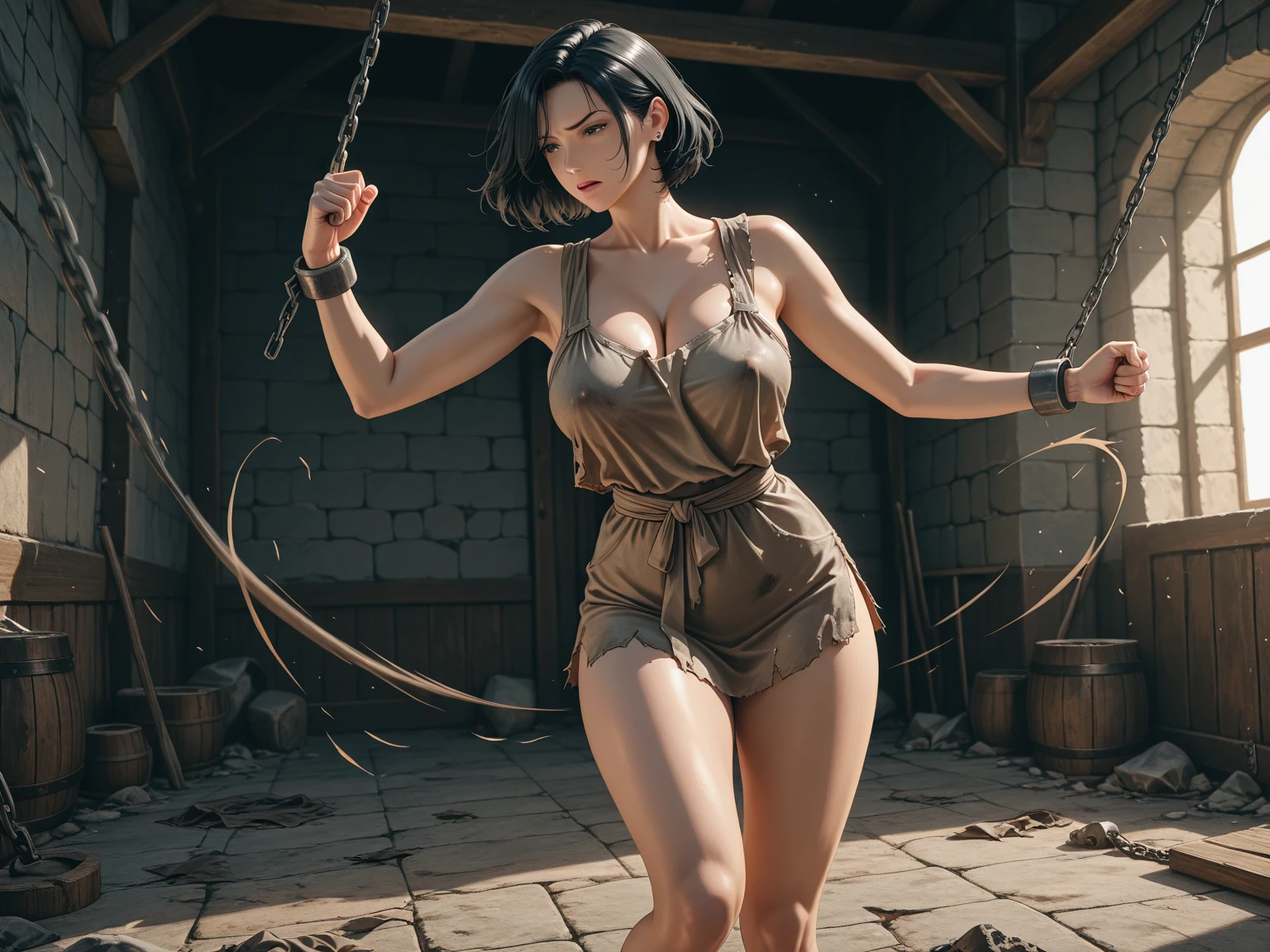 Female, standing, straight, 1girl, elf, green wavy hair, from above, medium breasts, suspended by arms, head down, POV, from the side, (dirty, bruise:1.2), cave floor, tiedup, rope, (Masterpiece), full body of a female, big breast, detailed face, full portrait, standing straight, shackles on arms and legs, black chocker on neck, SFW, WHITE TOGA, golden chains hands, golden chains legs, lascivous face, embarrassed, red cheeks, braid black hair, looking at viewer, handcuffs on their hands, with a collar around the neck, slave, ((black choker, shackles on legs and arms)) ((hands hidding behind body))