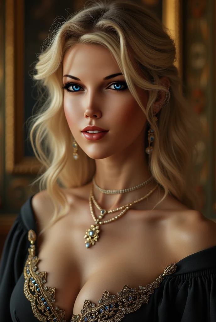 ultra realistic illustration, an incredibly beautiful Greek gothic goddess of chaos played by Jordyn Jones and Dove Cameron and Margot Robbie and Taylor Swift and Megan Fox, cabello rubio desordenado y voluminoso, ojos azules, intrincado, elegante, Altamente detallado, Pintura digital, Artstation, Arte conceptual, Suave, foco nítido, 插圖, Arte de Artgerm y Greg Rutkowski y Alphonse Mucha