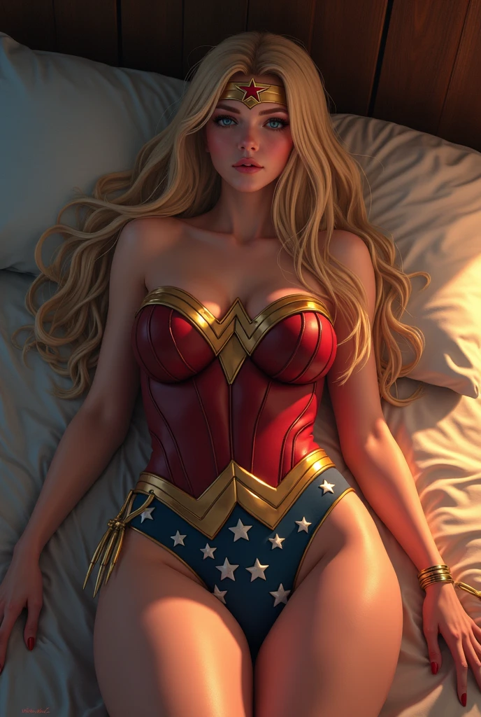   (tanned young woman), (( Short blonde hair, red lipgloss stick, blue colored eyes)), (( ( wonder woman estilo lynda carter ), red corset with gold details, golden bracelets and tiara, blue sexy panties with white stars stuck in the ass))  (( , perfectbody, perfectly shaped breasts, hardnipples )),苗条, smile cute, ((lying on her bed dela, stretching sensually, )) ,  (( lying on her bed, looking at the camera Aerial view))  Masterpiece artwork, high qualiy, rear lighting ))