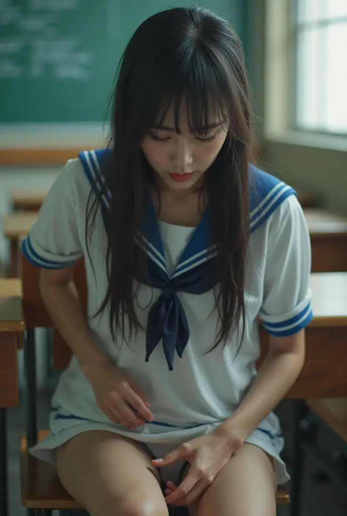 Young girl（16〜Around 18 years old）But she bowed her head shyly.、Hands touching short black hair。She is wearing a traditional Japanese school uniform（Sailor suit）I am wearing、The navy blue sailor top has a light blue ribbon.、She is also wearing a navy blue pleated skirt.。Her cheeks are bright and flushed、Tears in my eyes、It represents shyness and timidity。The lighting is soft and warm、It casts a shadow that gently accentuates the girl's delicate features.。The background is soft and blurry.、The focus is on the girl's facial expression and posture.。The overall atmosphere is、It evokes tender feelings and vulnerability.。