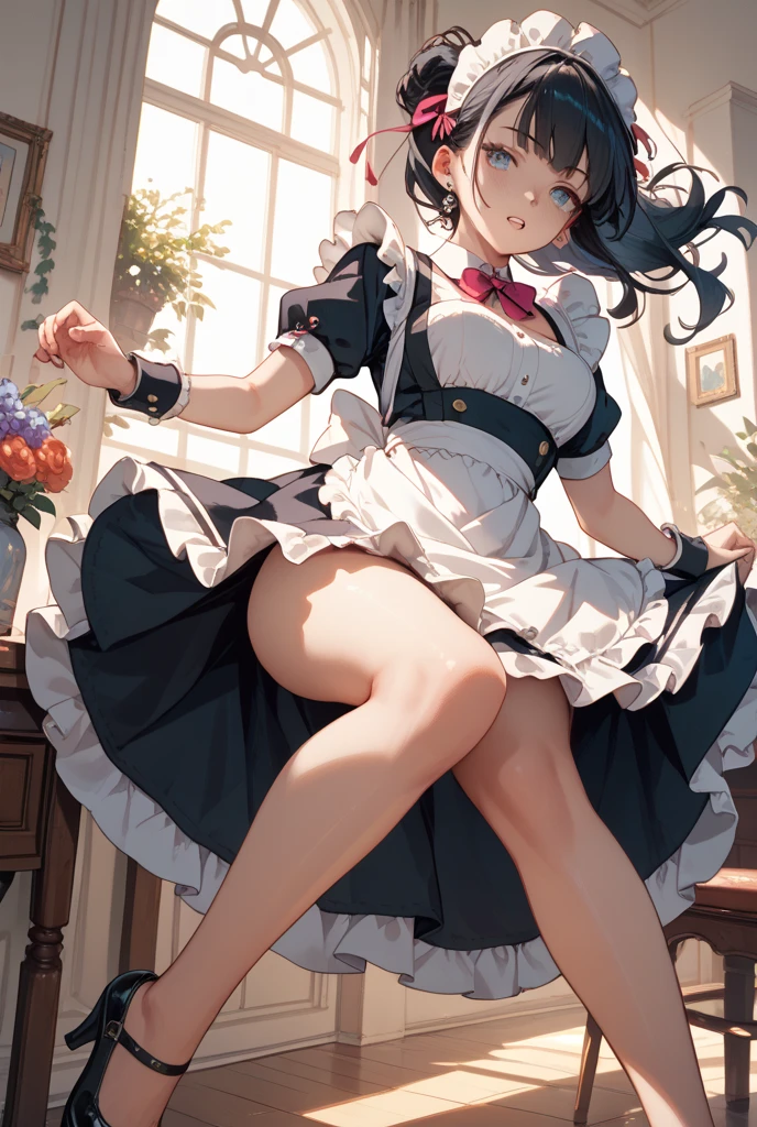 ((Highest quality)), ((masterpiece)), ((detailed)), (4K), a woman wearing underwear and stocking that is holding up her skirt by her thigh, 1girl, underwear, panties, 独奏, thighhighs, backlighting, puffy sleeves, dress lift, long sleeves, bow panties, white thighhighs, dress, juliet sleeves, maid, looking at viewer, clothes lift, maid headdress, short hair, lifted by self, breasts, bow, black purple hair, curtains, white panties, window, ribbon, glaring, indoors, frown, red ribbon, standing, neck ribbon