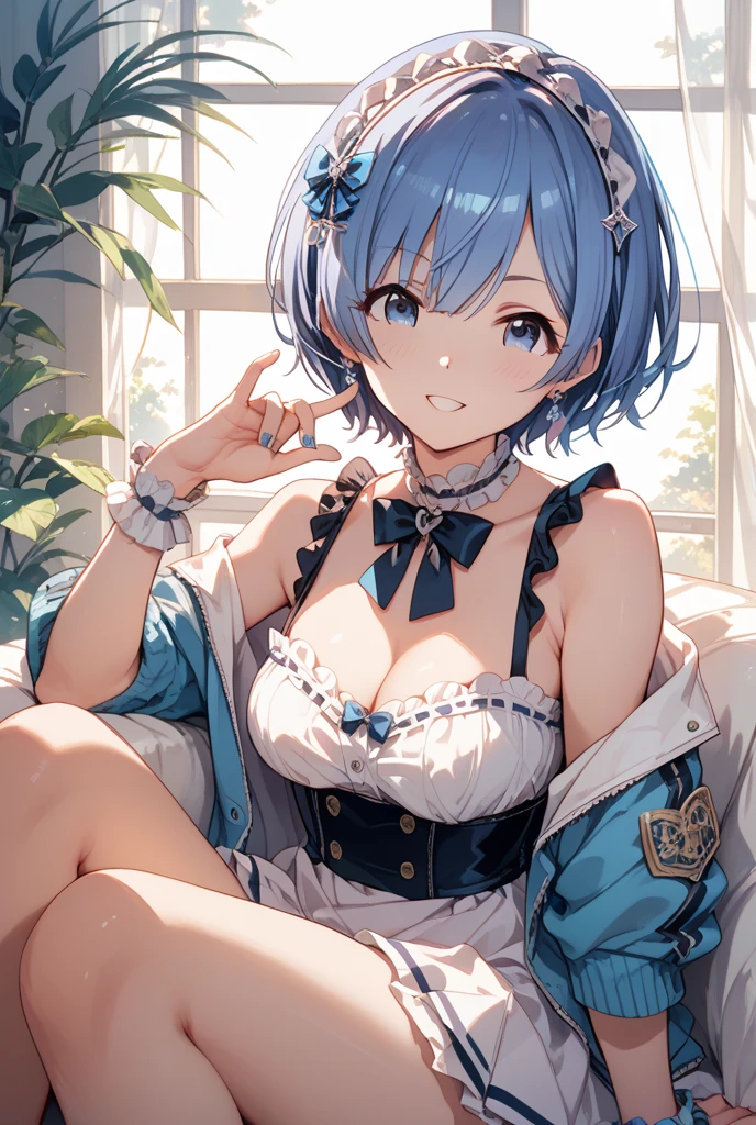 masterpiece, best quality, highres, ram1, 1girl, solo, rem \(re:zero\), blue hair, short hair, red eyes, hair over one eye, ribbon trim, hair ribbon, x hair ornament, frills, crop top white, denim shorts,medium breasts, cleavage, wide sleeves, hair flower, indoors, sitting, crossed legs,