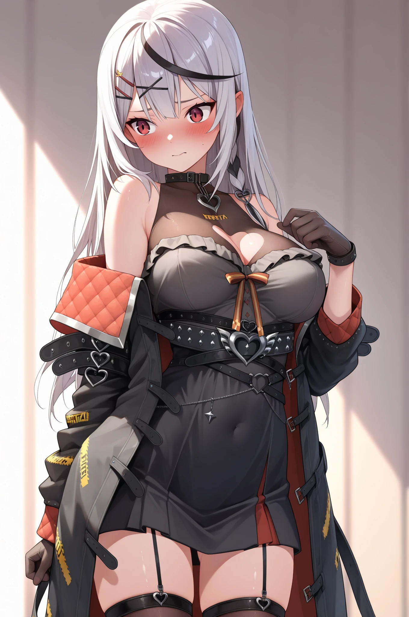 nmasterpiece， of the best quality， PrinzV4， 1girls， 独奏， long haired， cleavage of the breast， looking at the spectator， Large big tits，Large Big breast， mitts， Belly button， Hold， jackets， Yellow eyes， White hair， red haired， O cabelo multicolorido， Open your clothes， Black gloves， Open jacket， Official alternative costumes， Striped hair， Black jacke， hand on hips， underboobs， headware， Banner， Red panties， Queen of the game， Hold the flag，pregnant women with，shot on the body，cum on stomach，The white liquid is drizzled all over the body