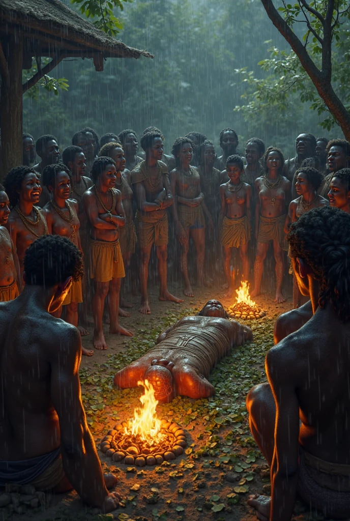 An Indian tied hand and foot to a rock ready to be sacrificed in the middle of the night with other Indians with torches, etc


